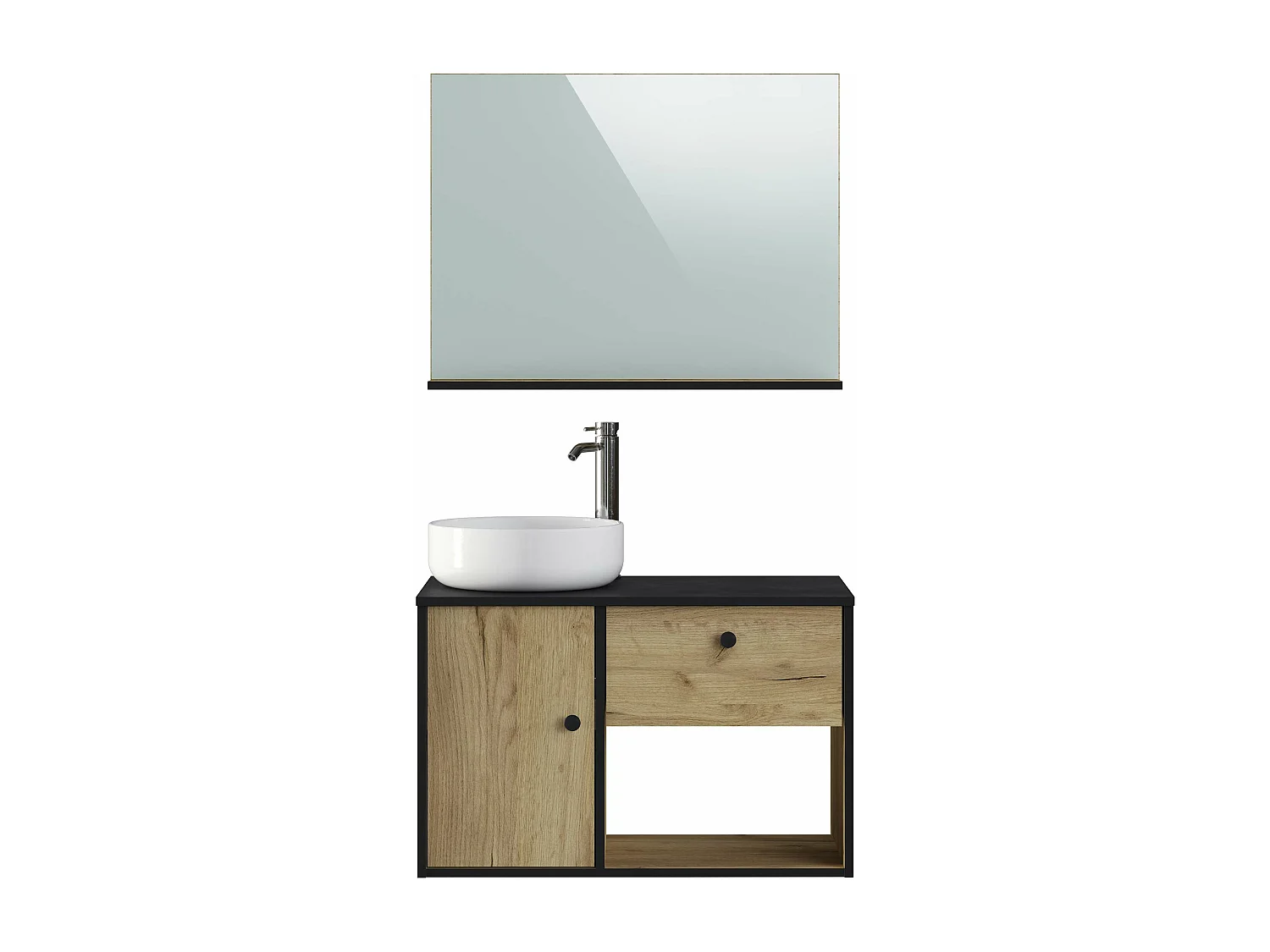Meuble de salle de bain LARA 1 tiroir 1 porte 80 cm noir et chêne T-BATH Inclus lavabo et miroir