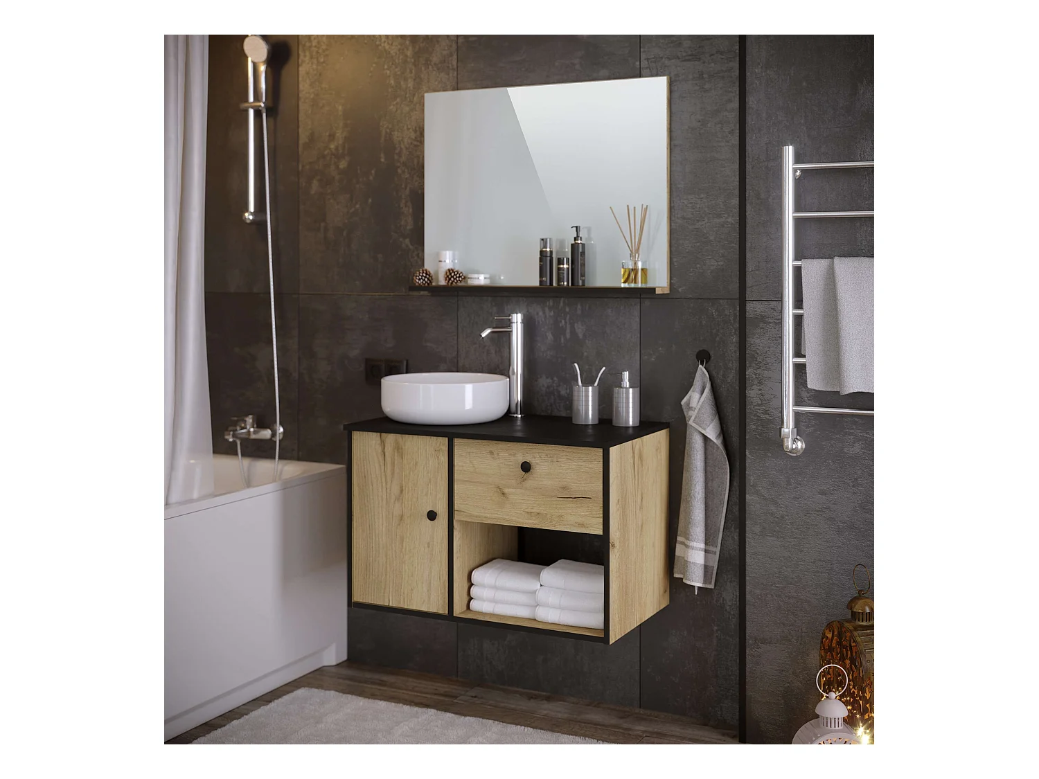 Meuble de salle de bain LARA 1 tiroir 1 porte 80 cm noir et chêne T-BATH Inclus lavabo et miroir