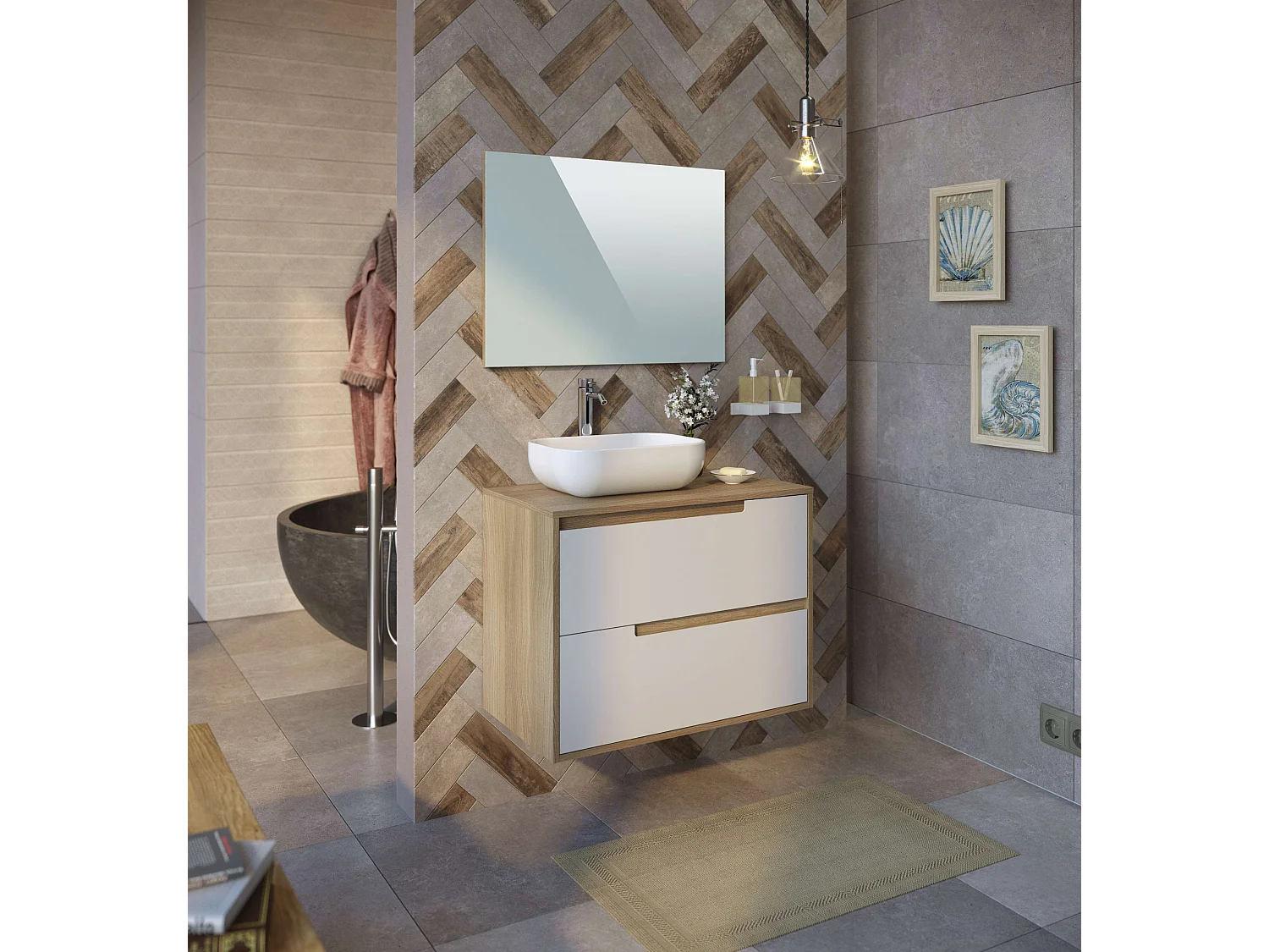 Meuble de salle de bain NEA 2 tiroirs 80 cm chêne et blanc T-BATH Inclus lavabo et miroir