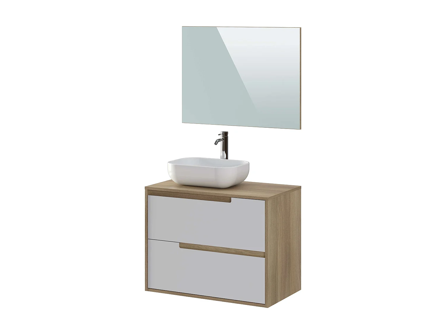 Meuble de salle de bain NEA 2 tiroirs 80 cm chêne et blanc T-BATH Inclus lavabo et miroir