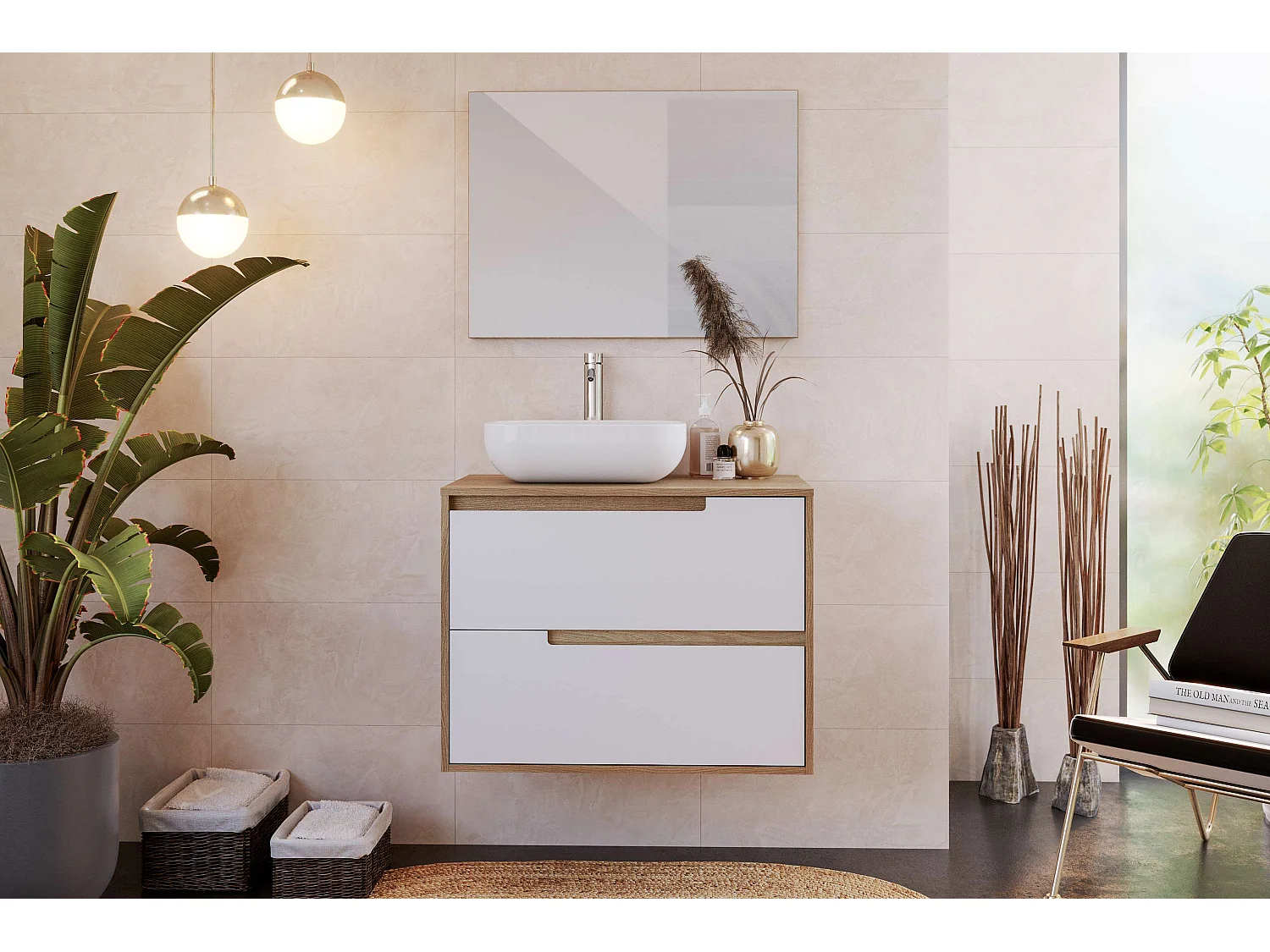Meuble de salle de bain NEA 2 tiroirs 80 cm chêne et blanc T-BATH Inclus lavabo et miroir