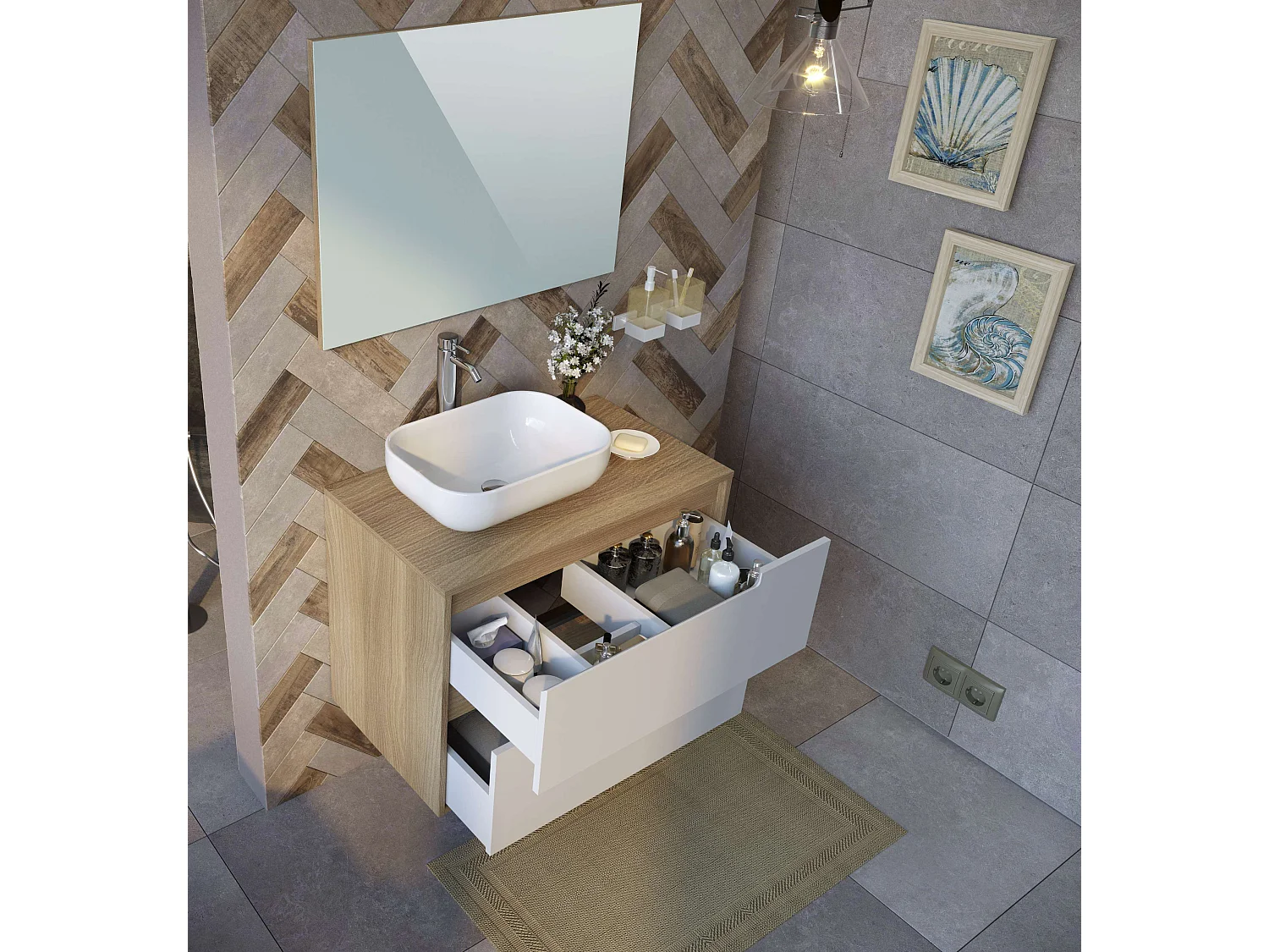 Meuble de salle de bain NEA 2 tiroirs 80 cm chêne et blanc T-BATH Inclus lavabo et miroir