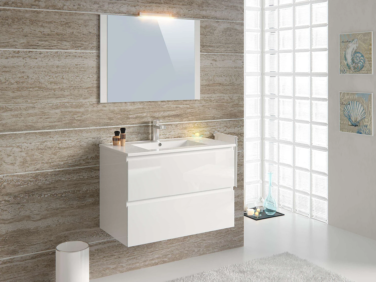 Meuble de salle de bain NELI 2 tiroirs 80 cm blanc brillant T-BATH Inclus lavabo, miroir et applique LED