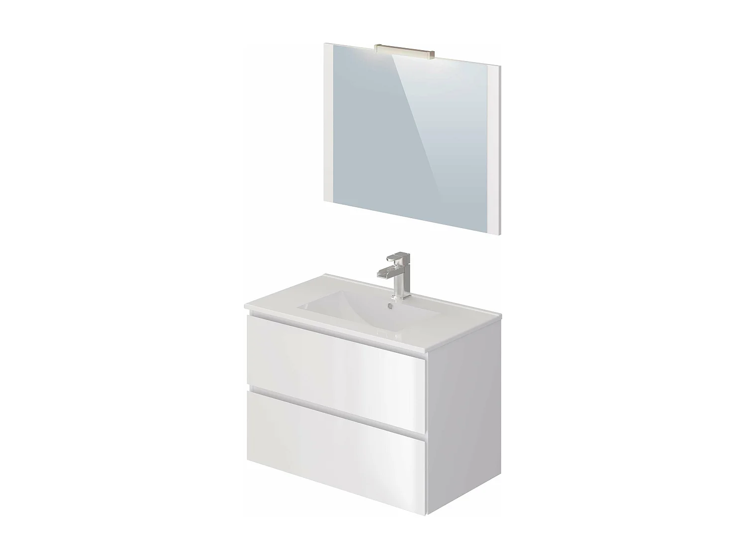 Meuble de salle de bain NELI 2 tiroirs 80 cm blanc brillant T-BATH Inclus lavabo, miroir et applique LED