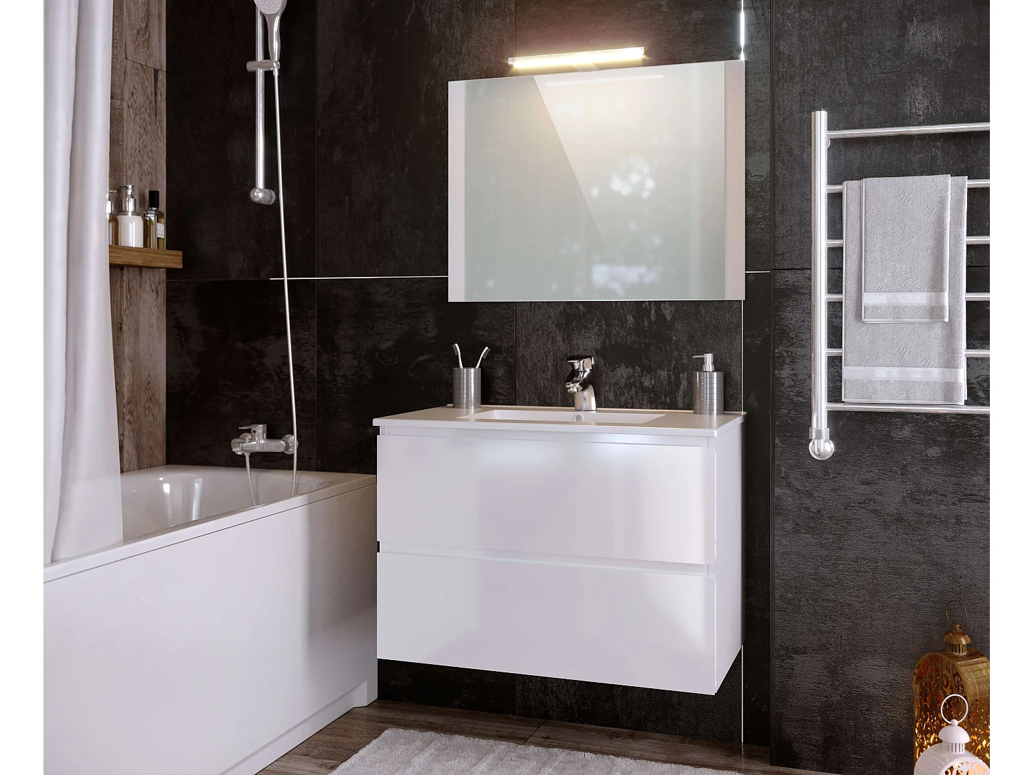 Meuble de salle de bain NELI 2 tiroirs 80 cm blanc brillant T-BATH Inclus lavabo, miroir et applique LED
