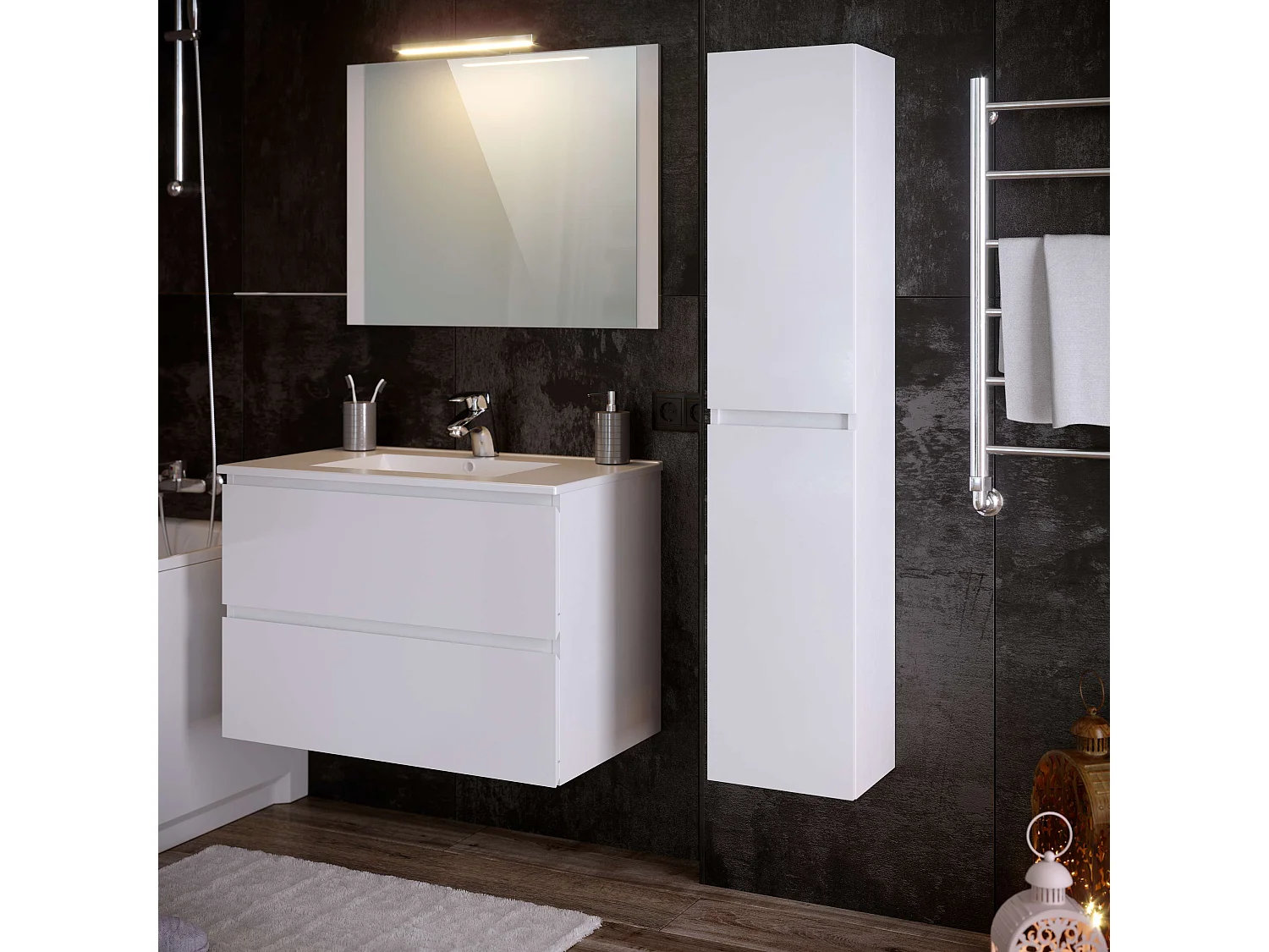 Meuble de salle de bain NELI 2 tiroirs 80 cm blanc brillant T-BATH Inclus lavabo, miroir et applique LED