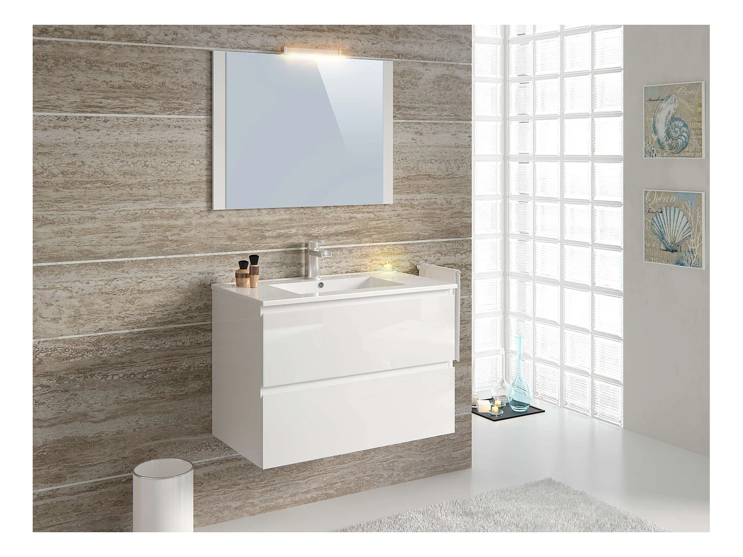 Meuble de salle de bain NELI 2 tiroirs 80 cm blanc brillant T-BATH Inclus lavabo, miroir et applique LED