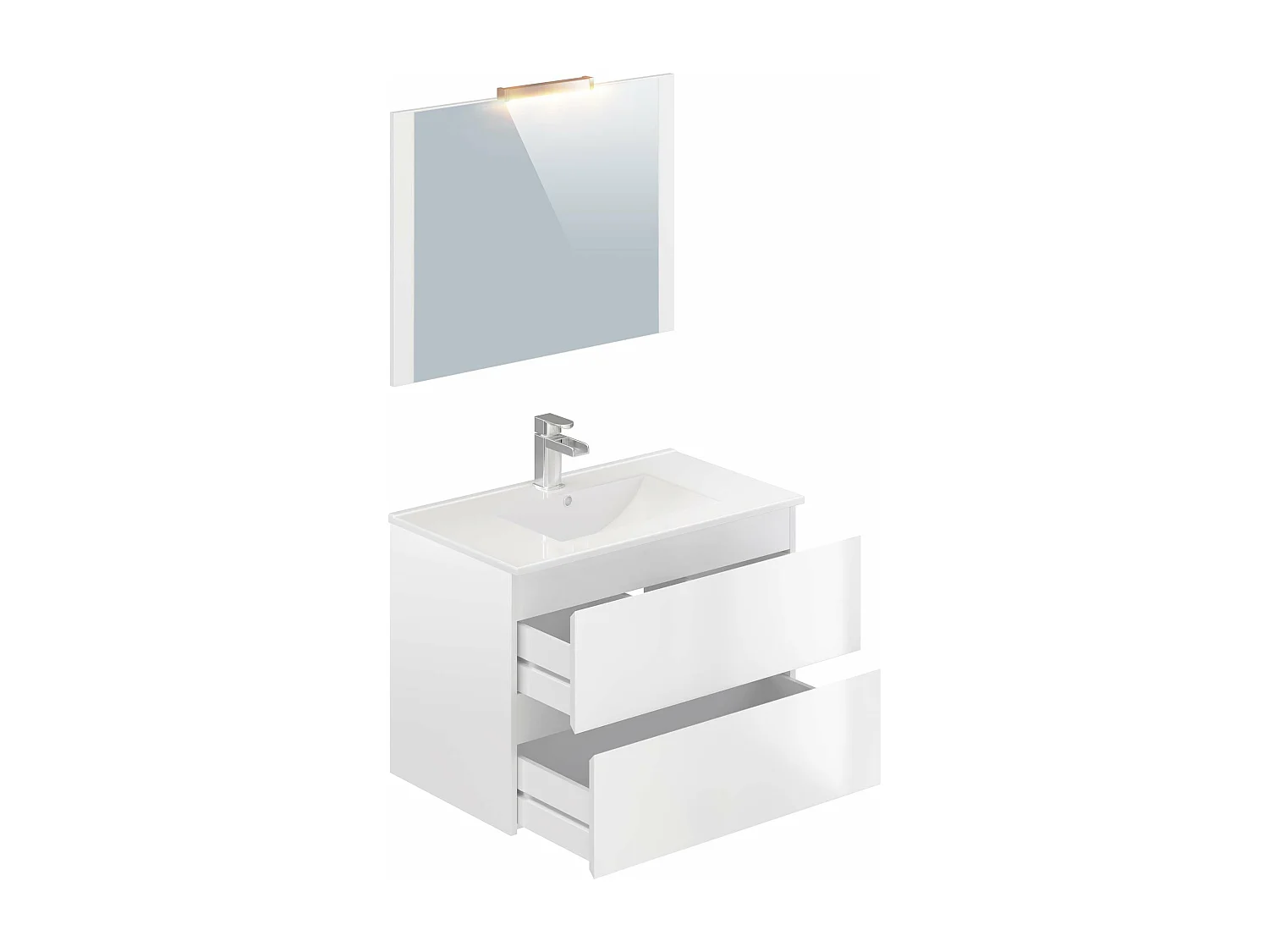 Meuble de salle de bain NELI 2 tiroirs 80 cm blanc brillant T-BATH Inclus lavabo, miroir et applique LED