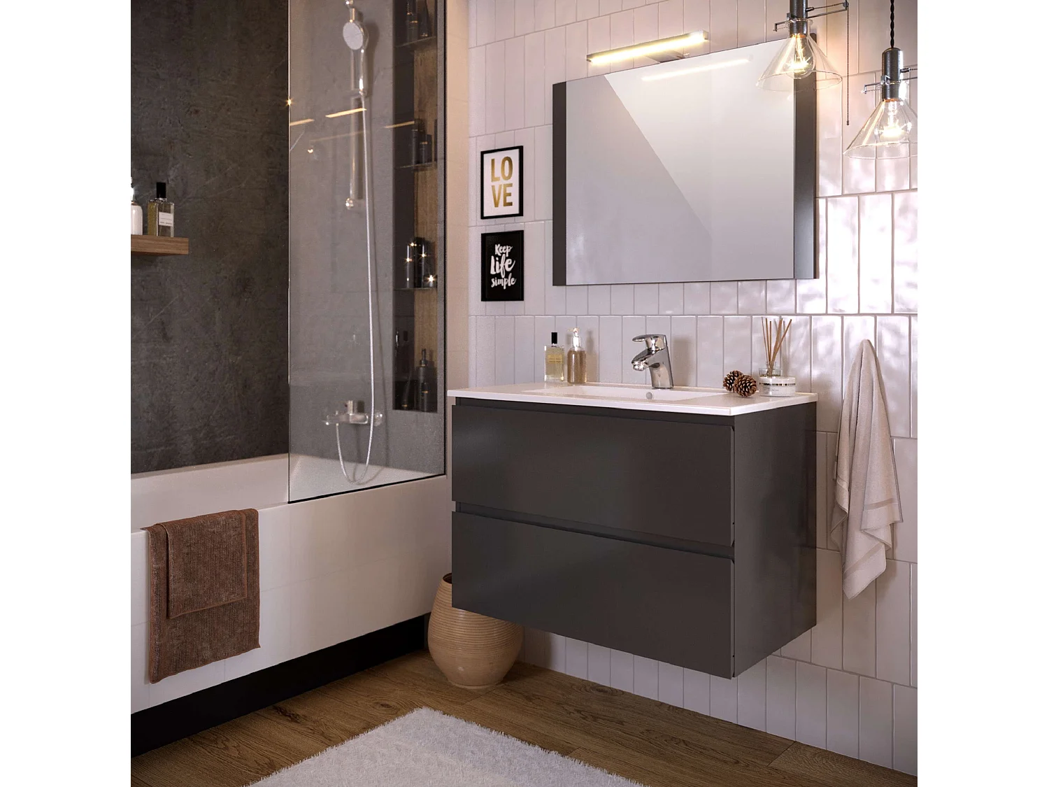 Meuble de salle de bain NELI 2 tiroirs 80 cm anthracite T-BATH Inclus lavabo, miroir et applique LED