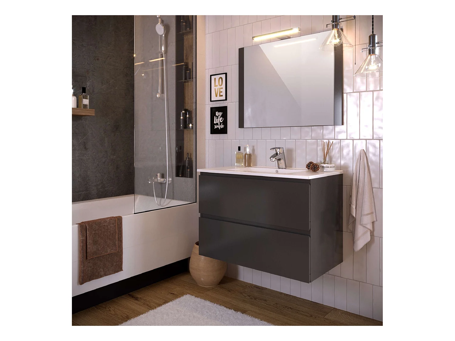 Meuble de salle de bain NELI 2 tiroirs 80 cm anthracite T-BATH Inclus lavabo, miroir et applique LED