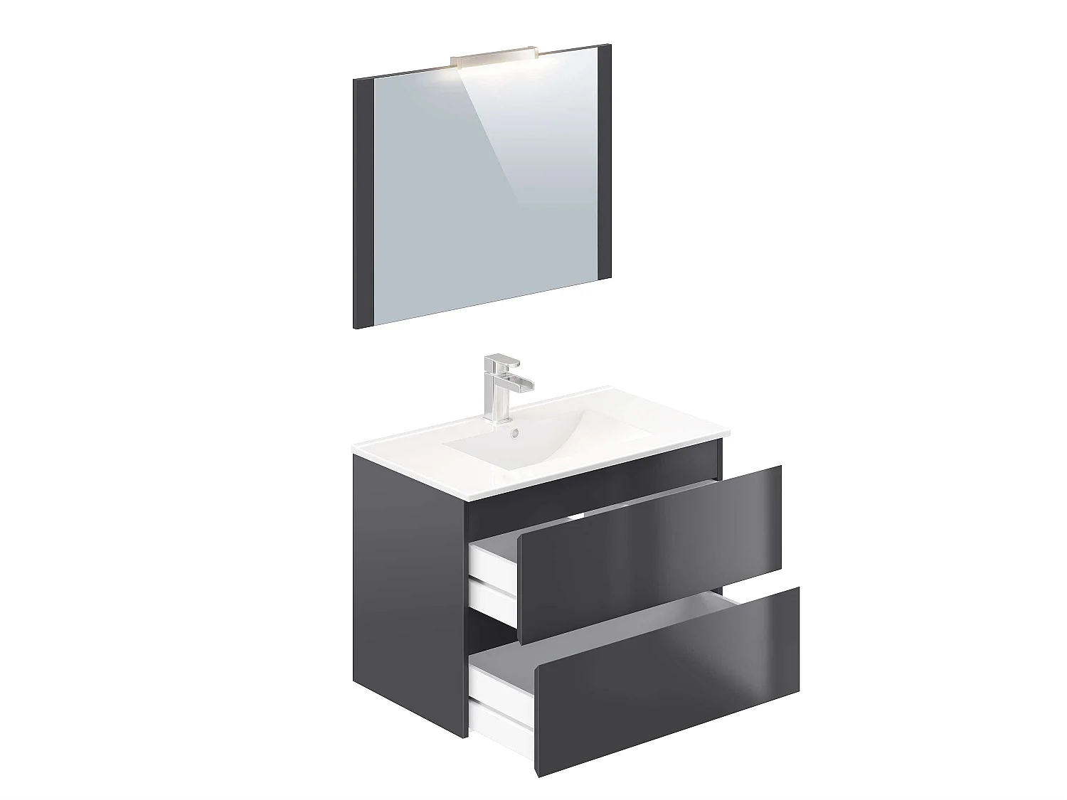 Meuble de salle de bain NELI 2 tiroirs 80 cm anthracite T-BATH Inclus lavabo, miroir et applique LED
