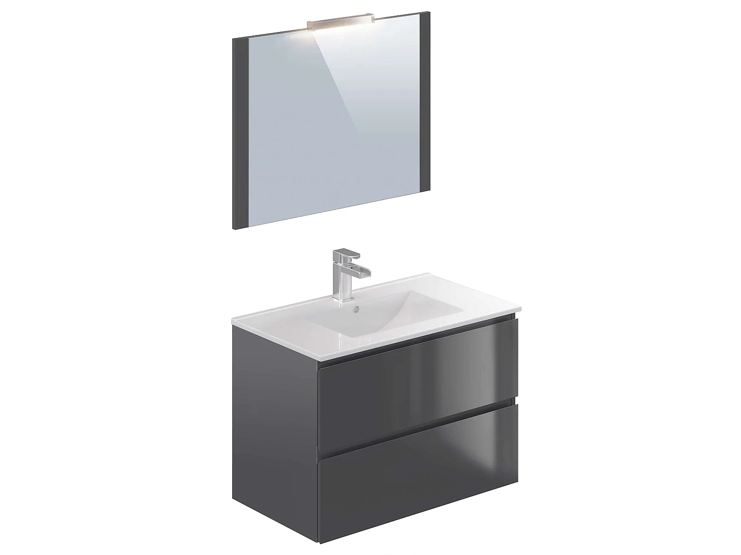 Meuble de salle de bain NELI 2 tiroirs 80 cm anthracite T-BATH Inclus lavabo, miroir et applique LED
