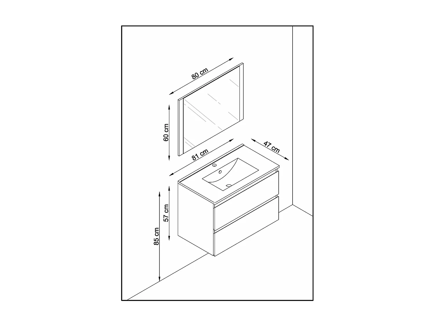Meuble de salle de bain NELI 2 tiroirs 80 cm anthracite T-BATH Inclus lavabo, miroir et applique LED