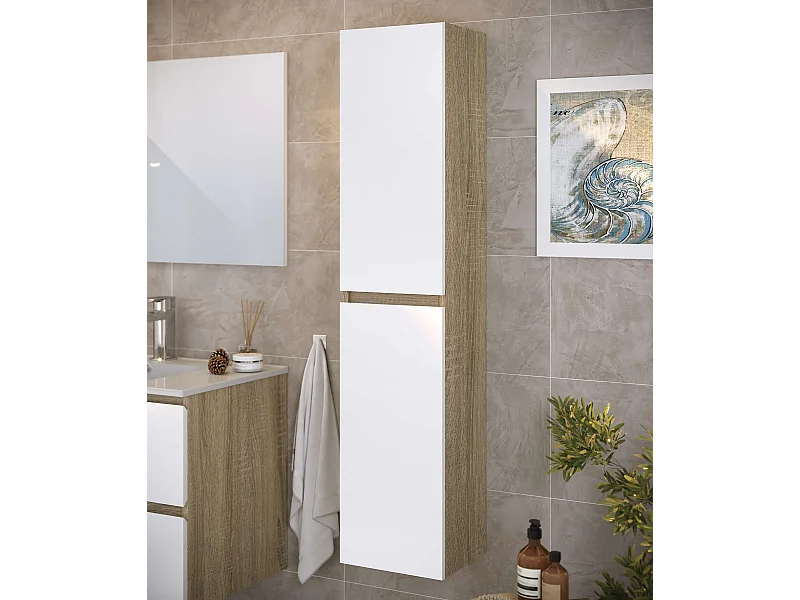 Colonne de salle de bain NELI 2 portes 140x30x27 cm chêne et blanc T-BATH