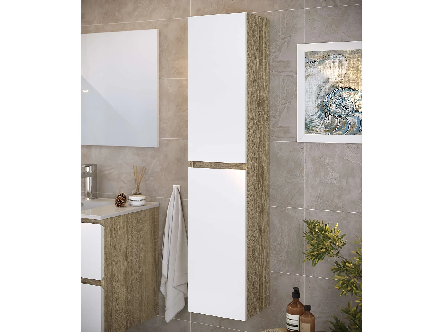 Colonne de salle de bain NELI 2 portes 140x30x27 cm chêne et blanc T-BATH