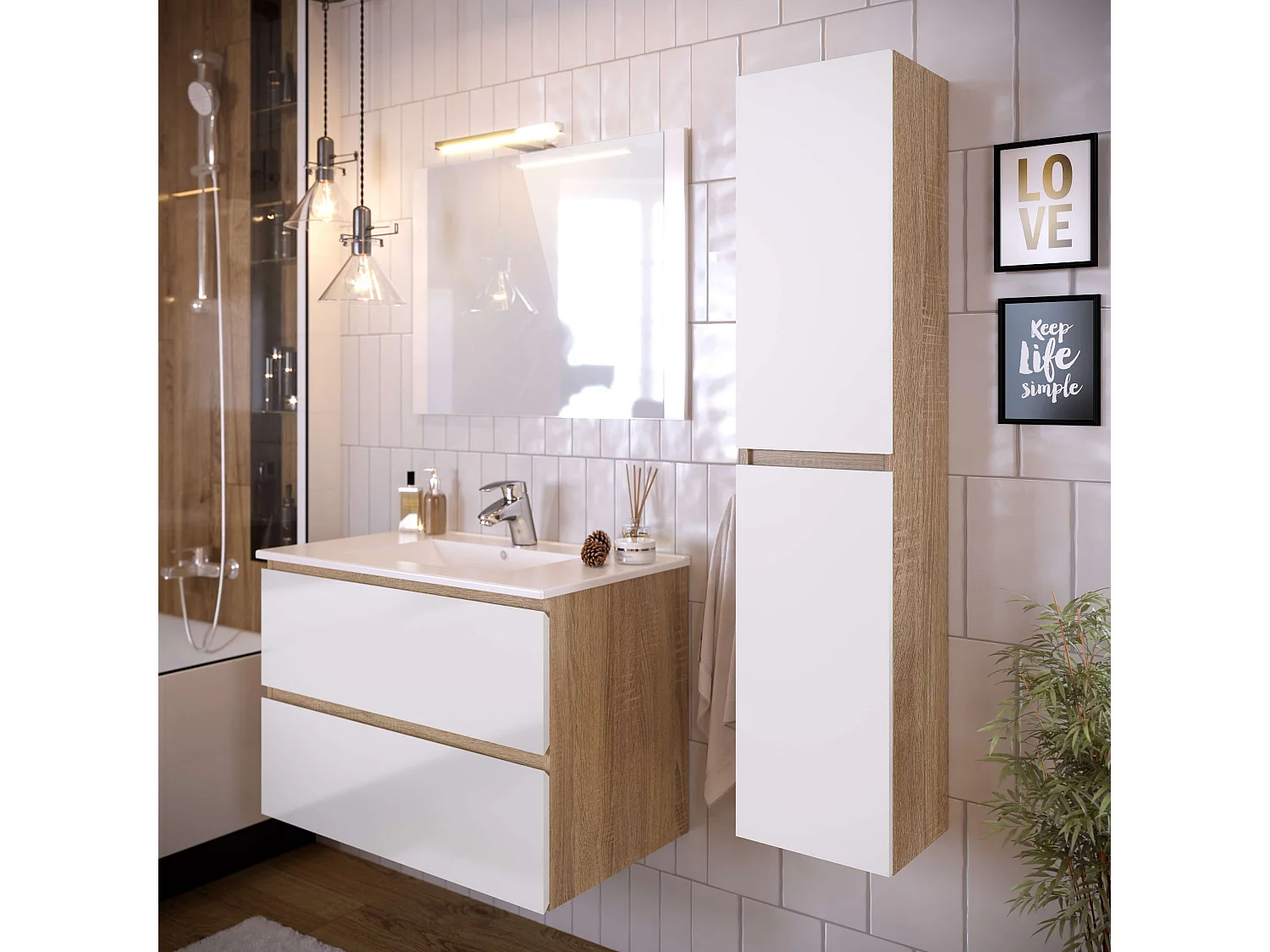 Colonne de salle de bain NELI 2 portes 140x30x27 cm chêne et blanc T-BATH