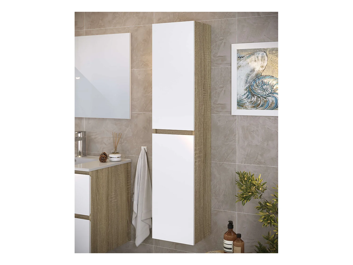 Colonne de salle de bain NELI 2 portes 140x30x27 cm chêne et blanc T-BATH