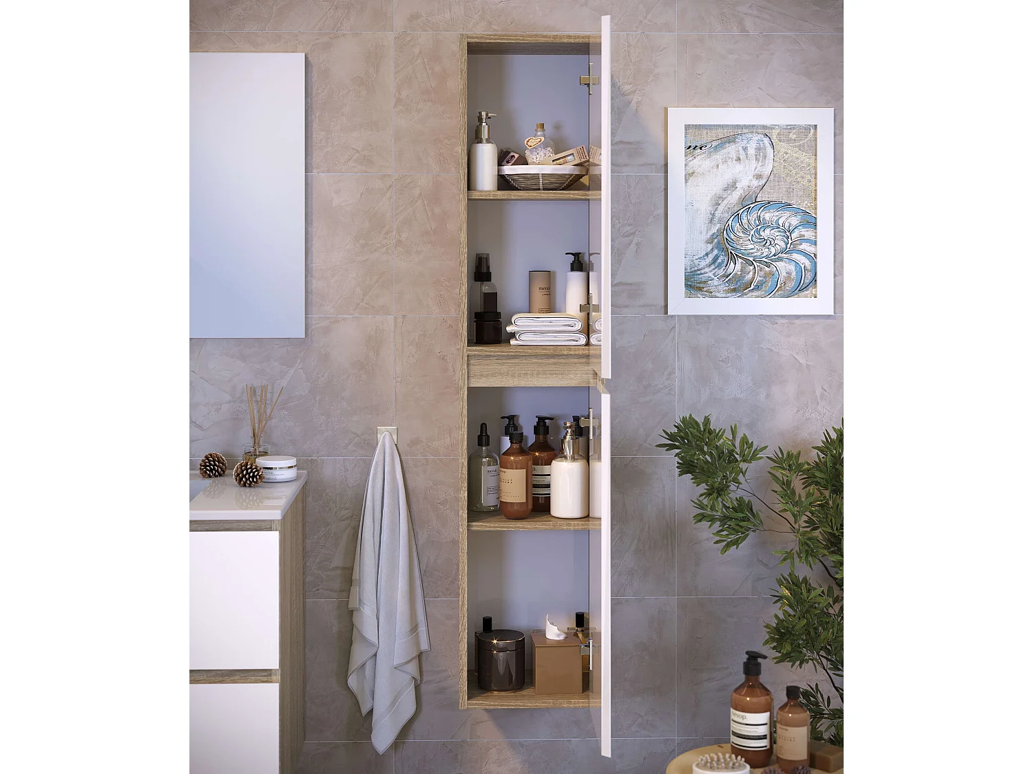 Colonne de salle de bain NELI 2 portes 140x30x27 cm chêne et blanc T-BATH