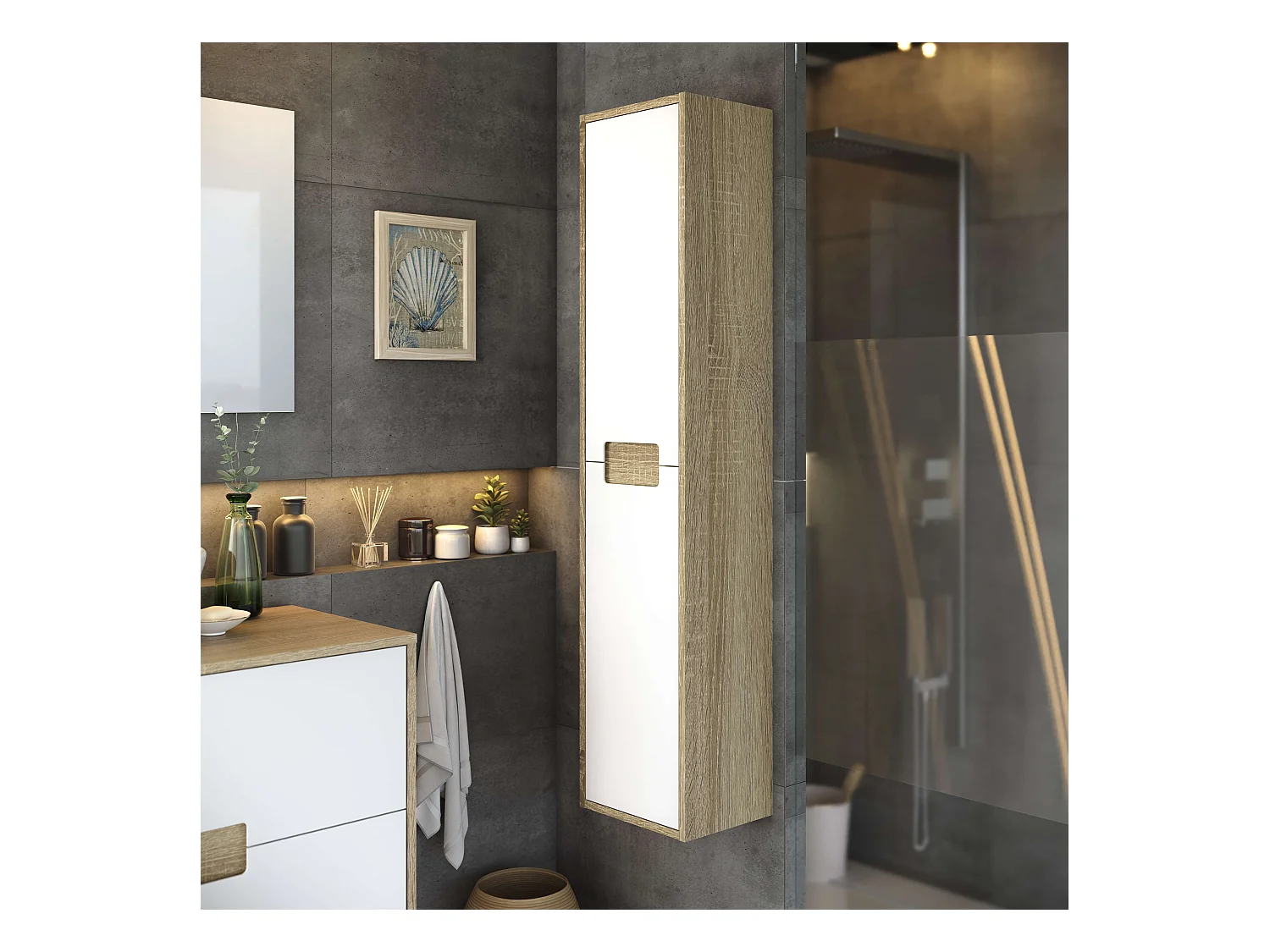 Colonne de salle de bain TIAS 2 portes 140x30x27 cm chêne et blanc T-BATH