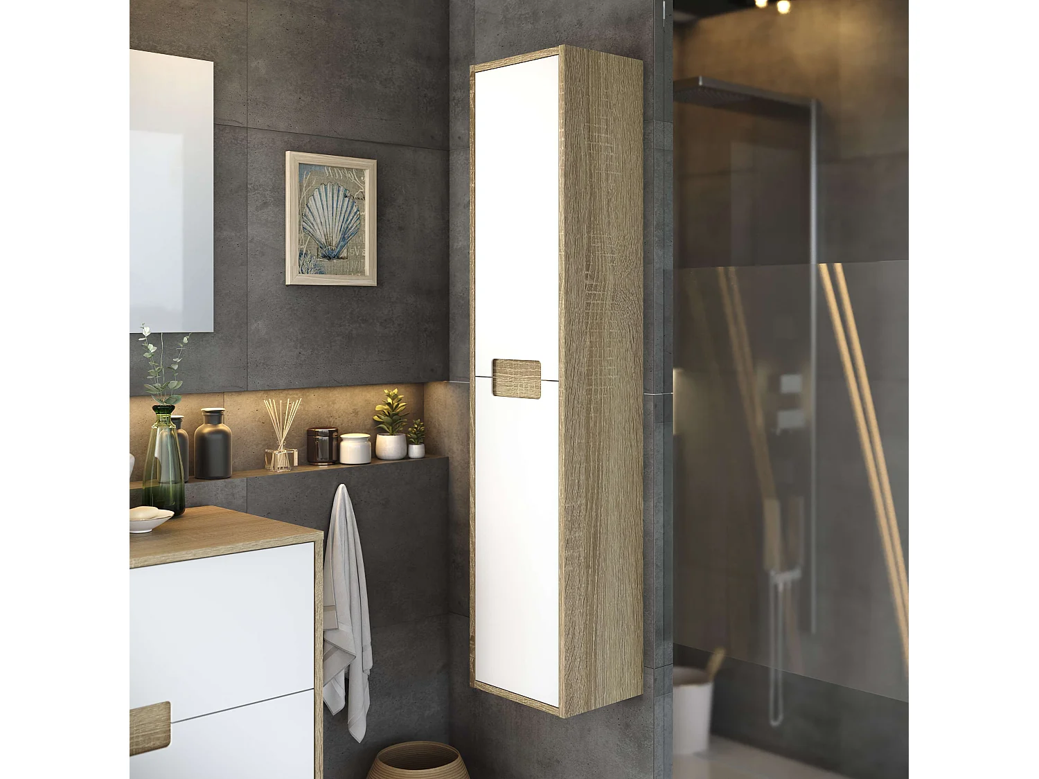 Colonne de salle de bain TIAS 2 portes 140x30x27 cm chêne et blanc T-BATH