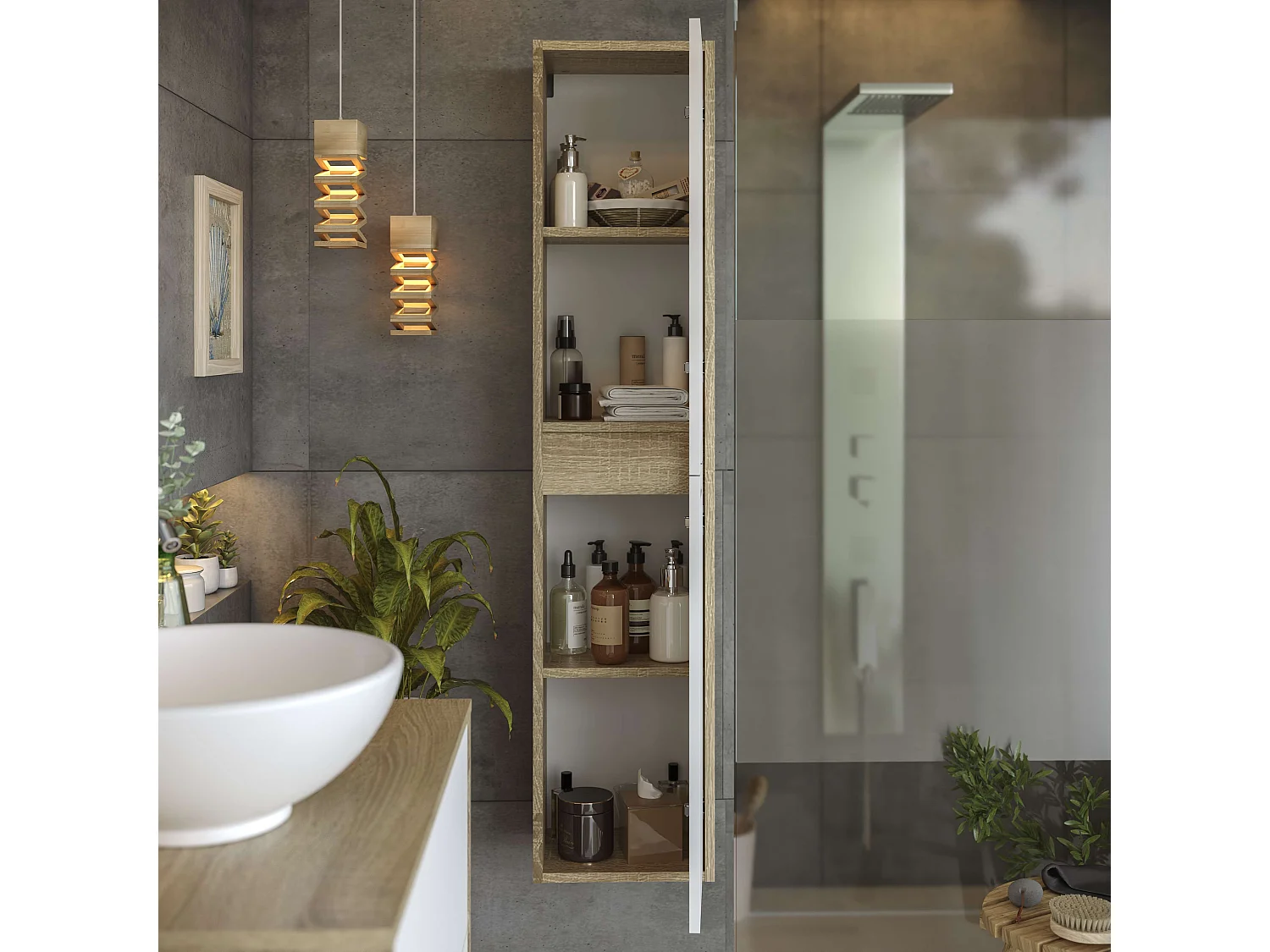 Colonne de salle de bain TIAS 2 portes 140x30x27 cm chêne et blanc T-BATH