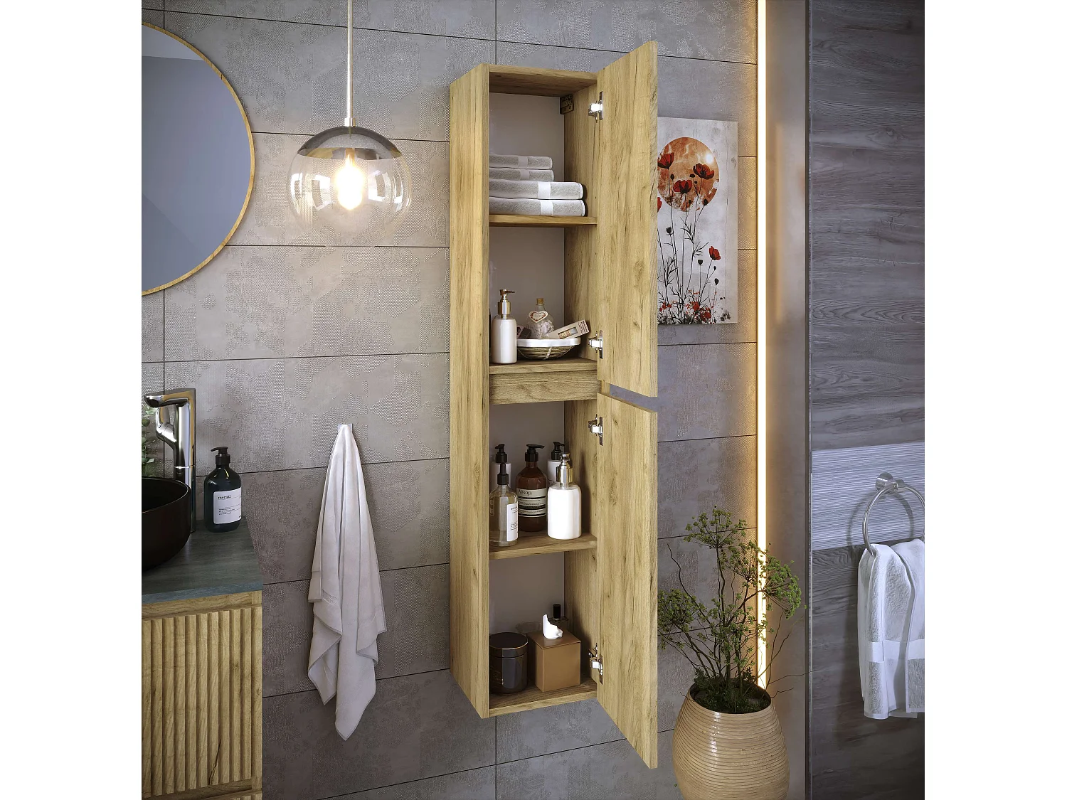 Colonne de salle de bain CIMS 2 portes 140x30x27 cm chêne T-BATH
