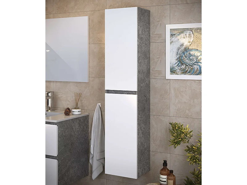 Colonne de salle de bain NELI 2 portes 140x30x27 cm ciment et blanc T-BATH