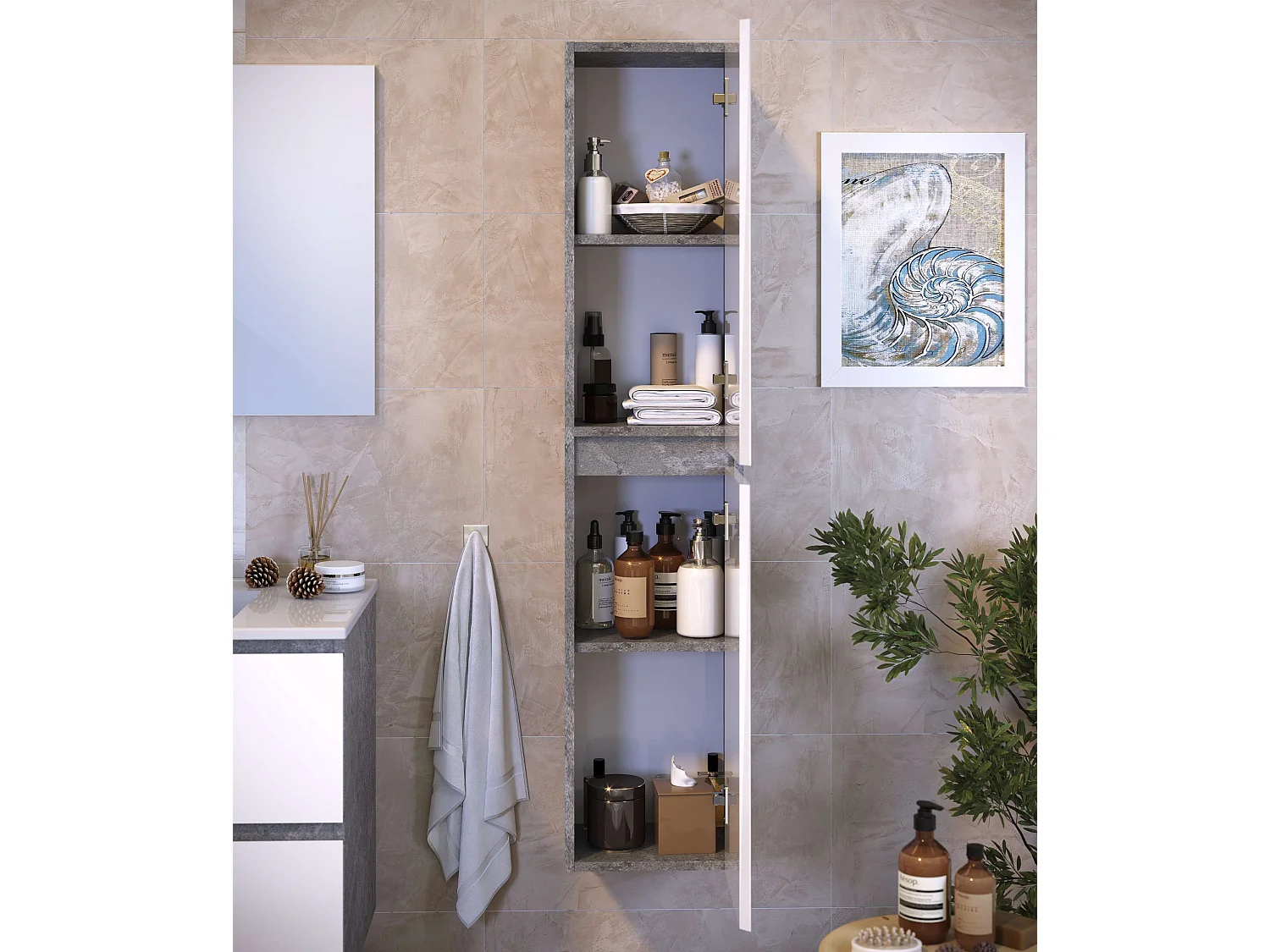 Colonne de salle de bain NELI 2 portes 140x30x27 cm ciment et blanc T-BATH
