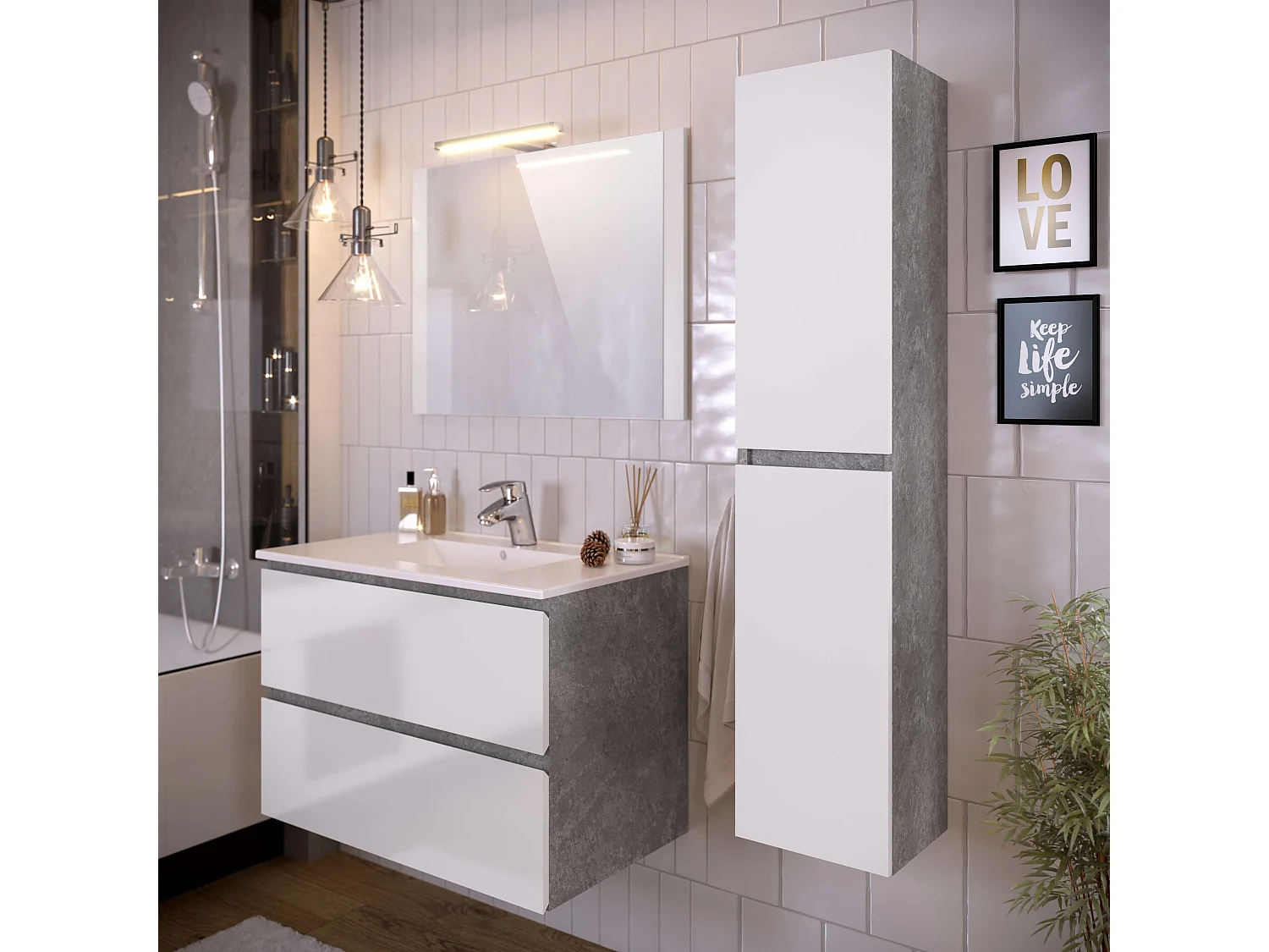 Colonne de salle de bain NELI 2 portes 140x30x27 cm ciment et blanc T-BATH