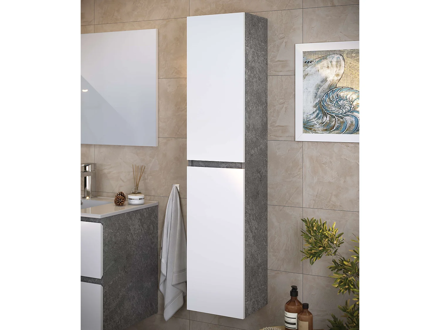 Colonne de salle de bain NELI 2 portes 140x30x27 cm ciment et blanc T-BATH