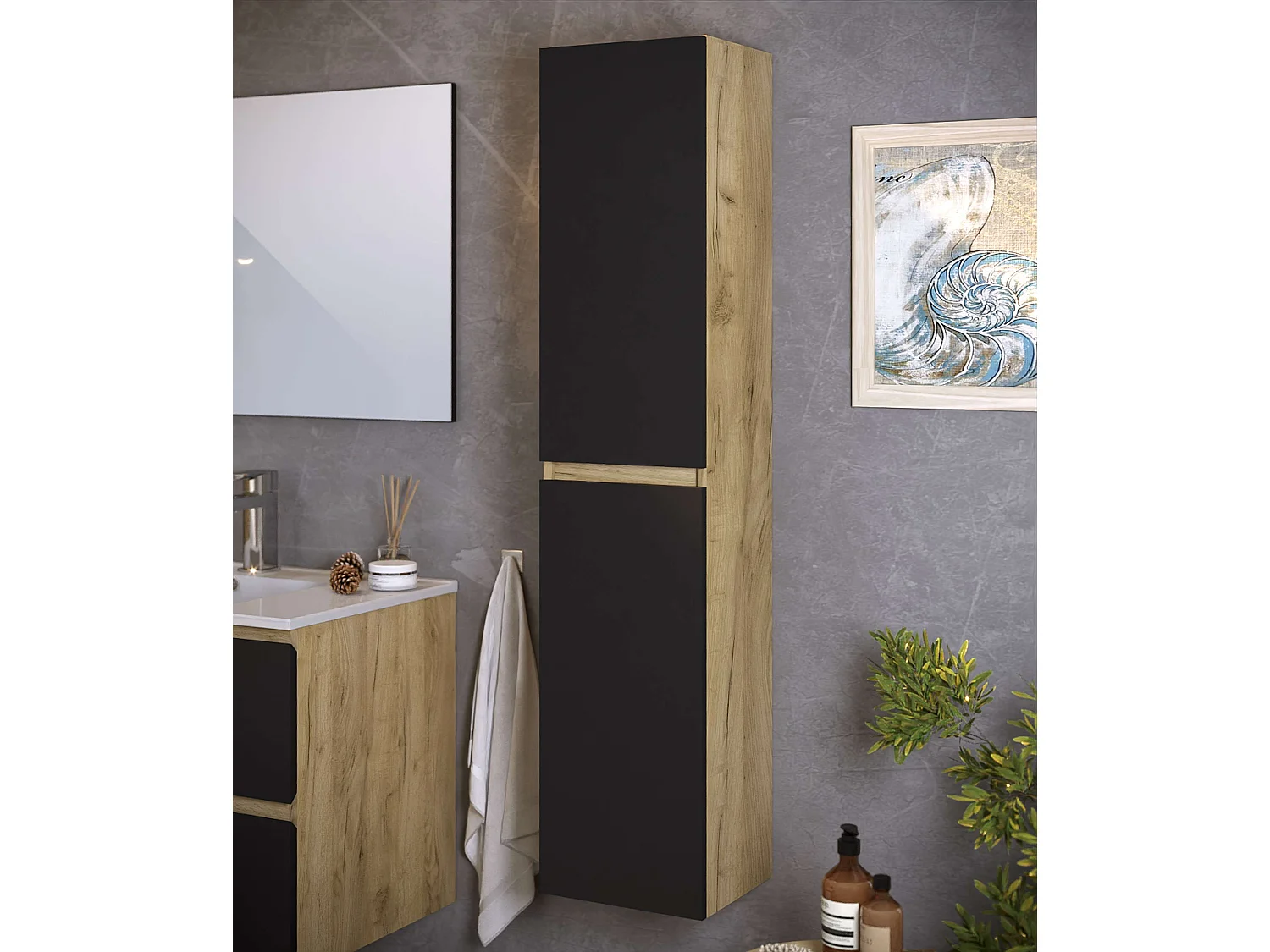 Colonne de salle de bain NELI 2 portes 140x30x27 cm chêne et noir T-BATH