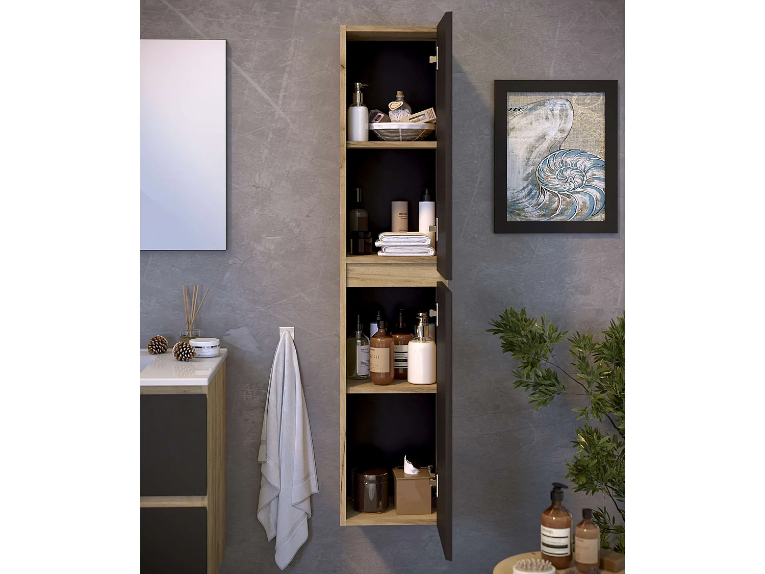 Colonne de salle de bain NELI 2 portes 140x30x27 cm chêne et noir T-BATH