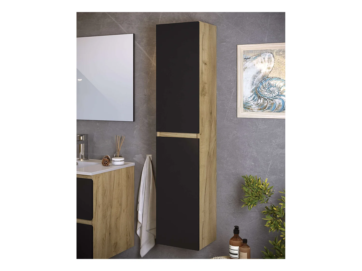 Colonne de salle de bain NELI 2 portes 140x30x27 cm chêne et noir T-BATH