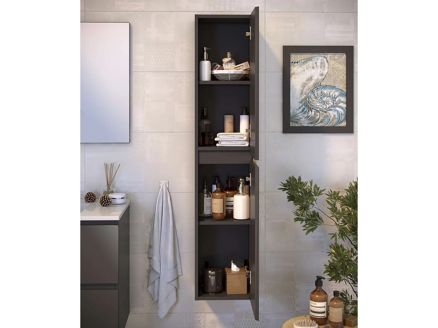 Colonne de salle de bain NELI 2 portes 140x30x27 cm gris anthracite T-BATH