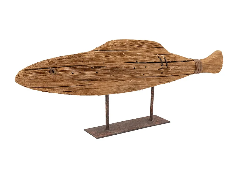 Poisson sur pied en bois recyclé et métal Petit modèle