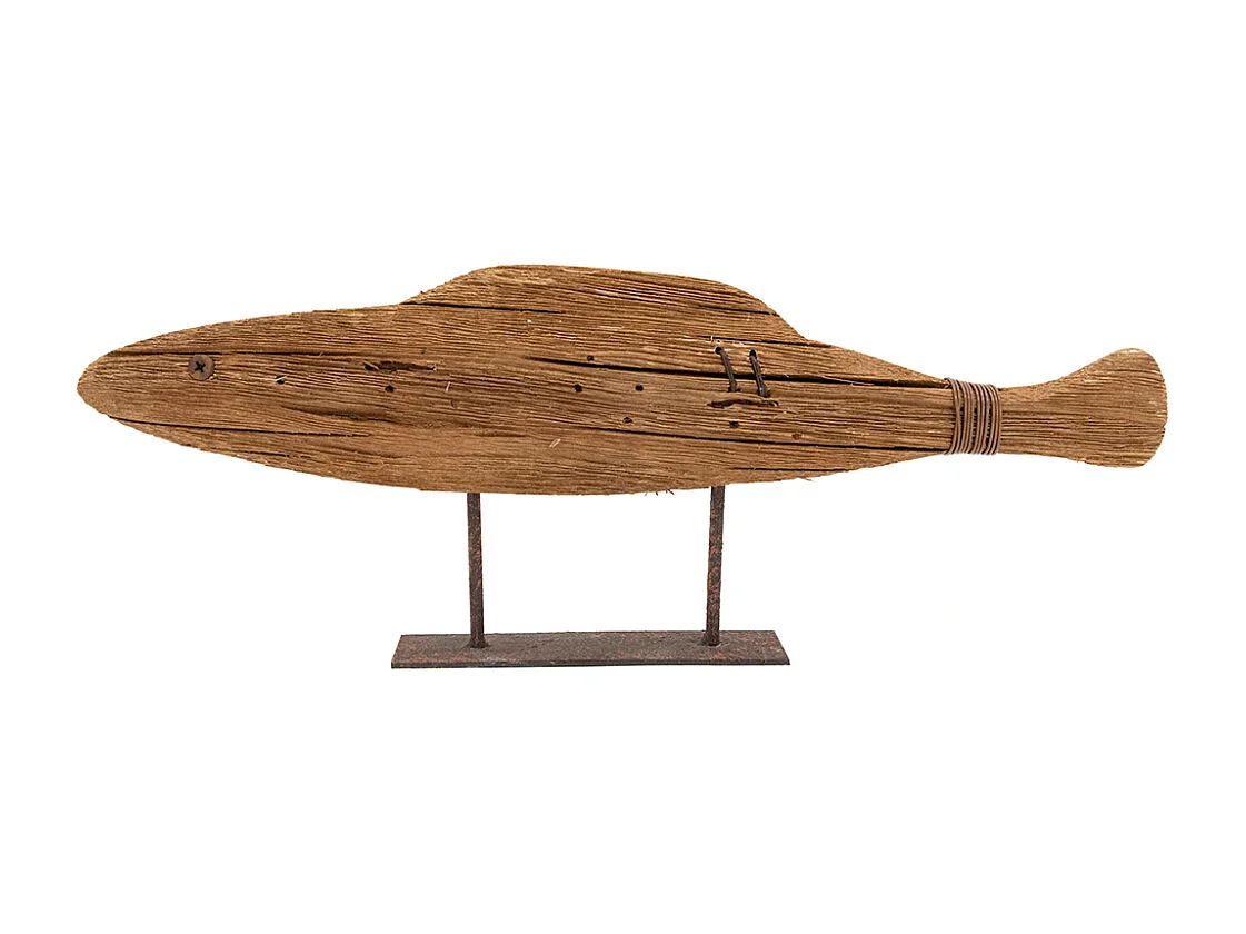 Poisson sur pied en bois recyclé et métal Petit modèle