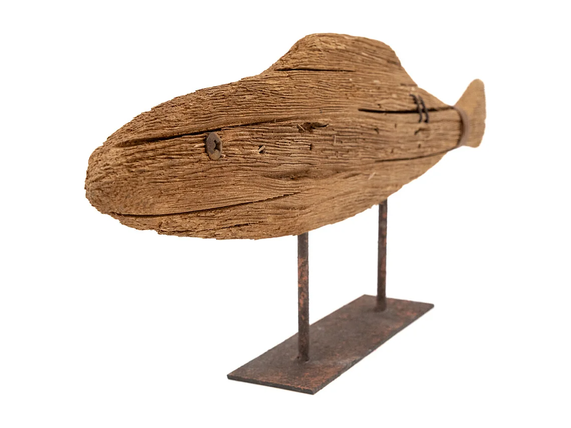 Poisson sur pied en bois recyclé et métal Petit modèle