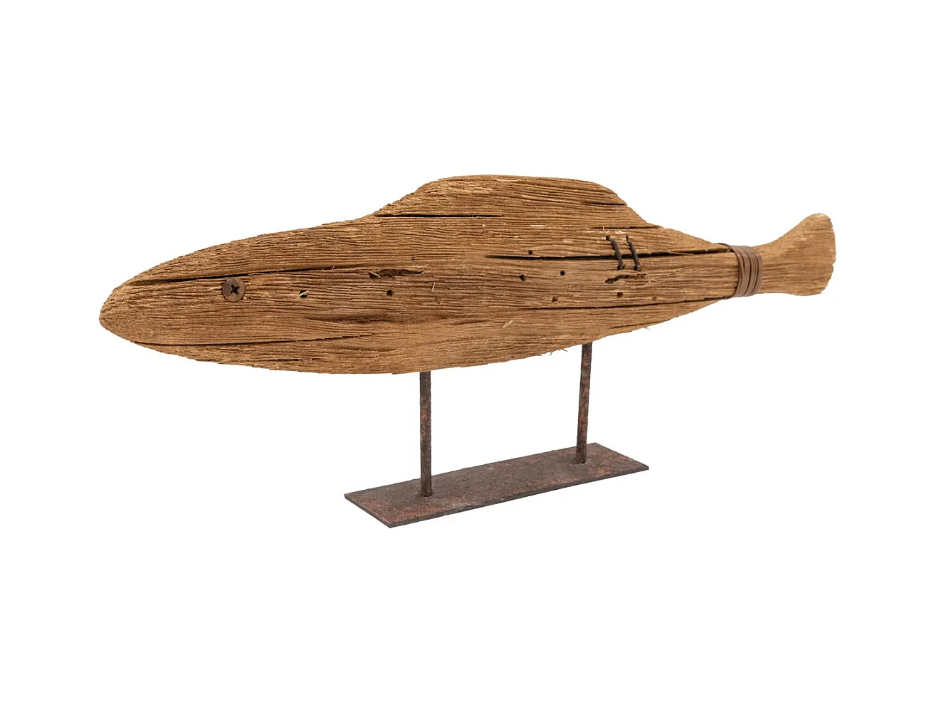 Poisson sur pied en bois recyclé et métal Petit modèle