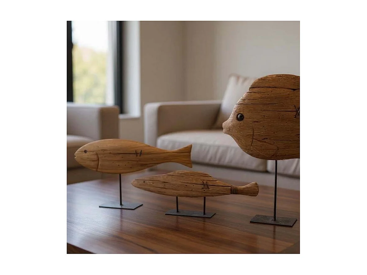 Poisson sur pied en bois recyclé et métal Moyen modèle