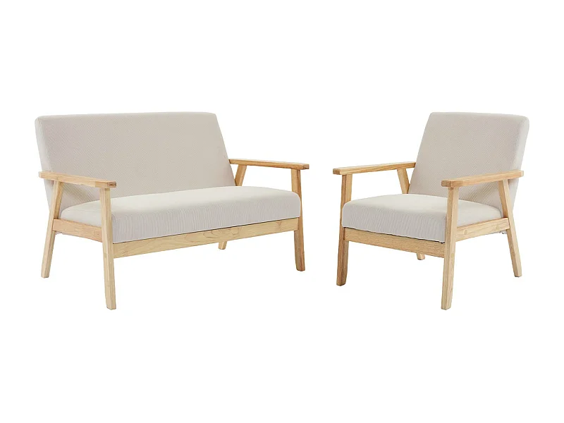 Divanetto a 2 posti con panca e poltrona in velluto a coste, crema