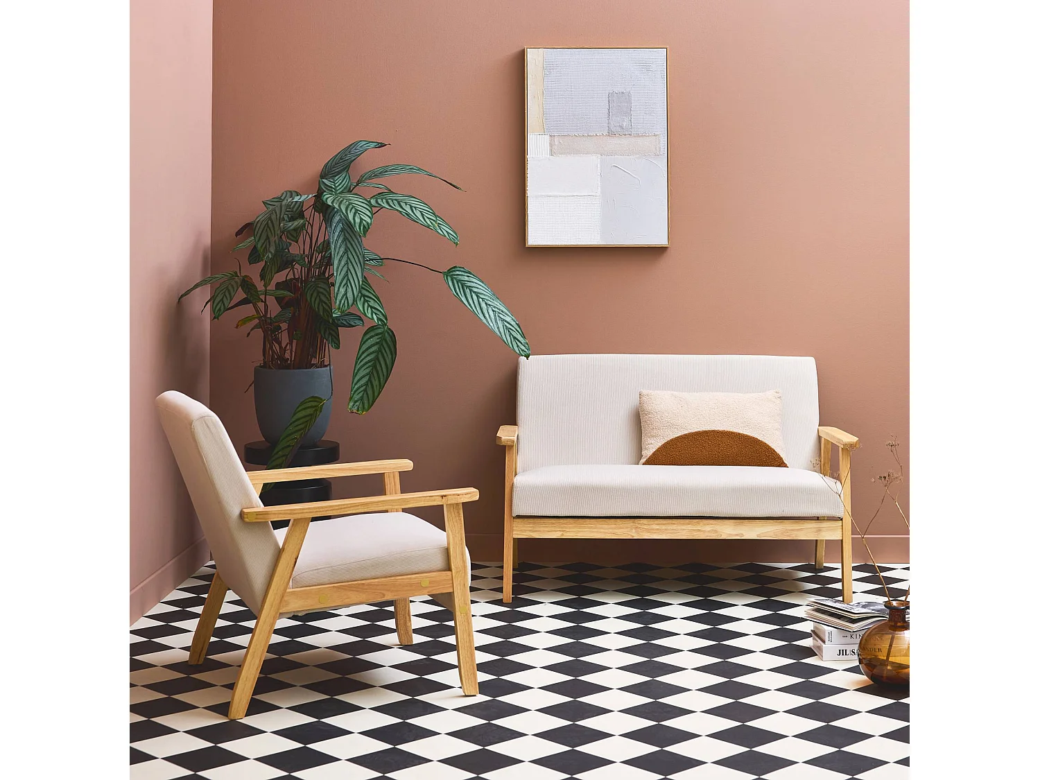 Canapé banquette 2 places + Fauteuil velours côtelé. pieds bois. crème