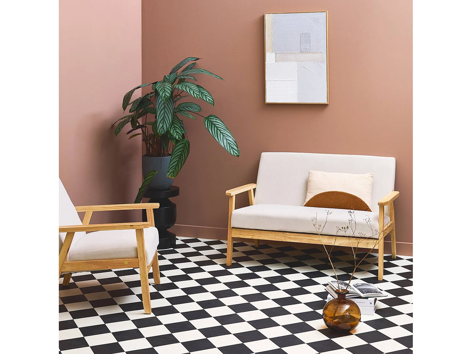 Canapé banquette 2 places + Fauteuil velours côtelé. pieds bois. crème