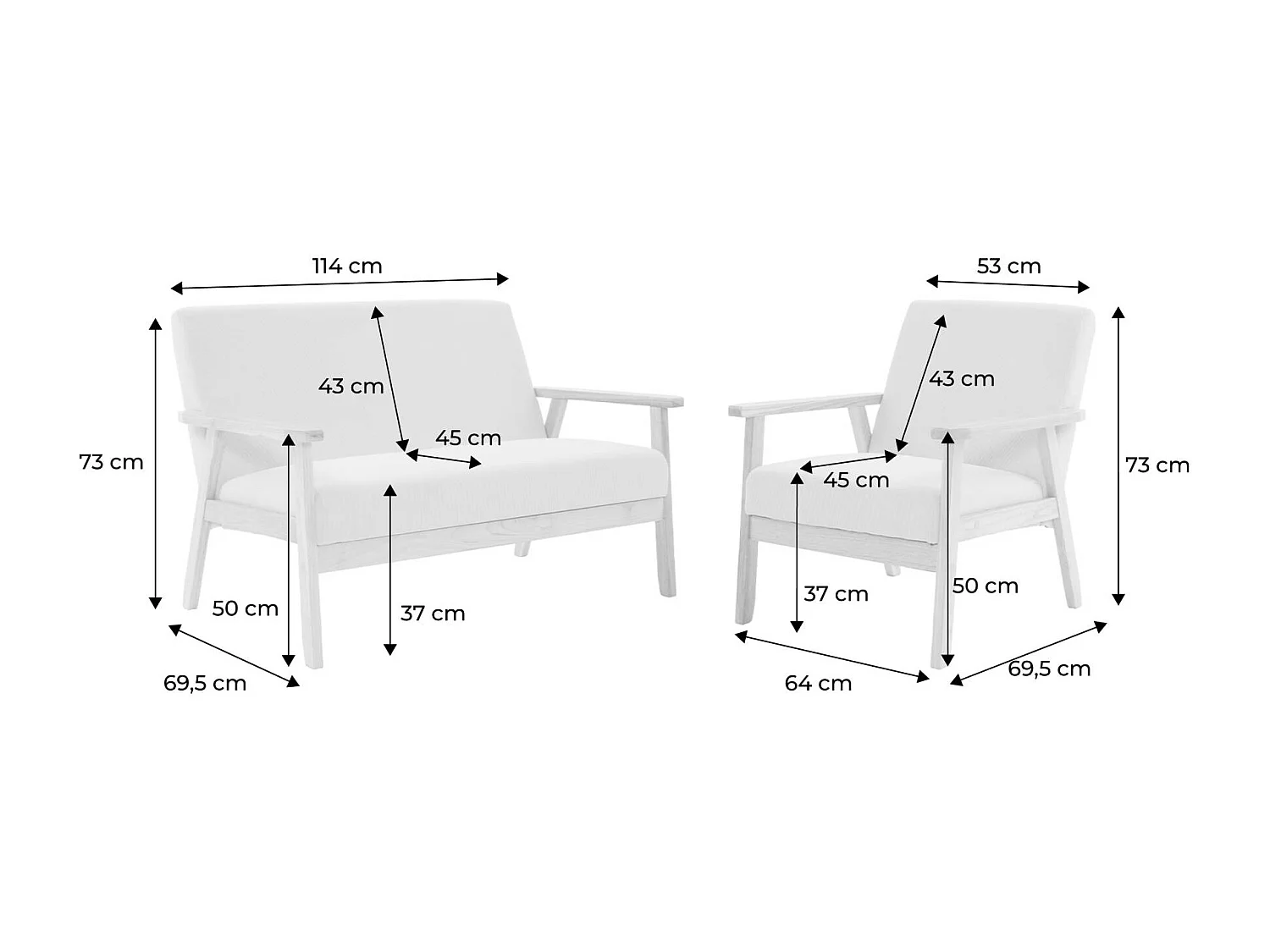 Canapé banquette 2 places + Fauteuil velours côtelé. pieds bois. crème