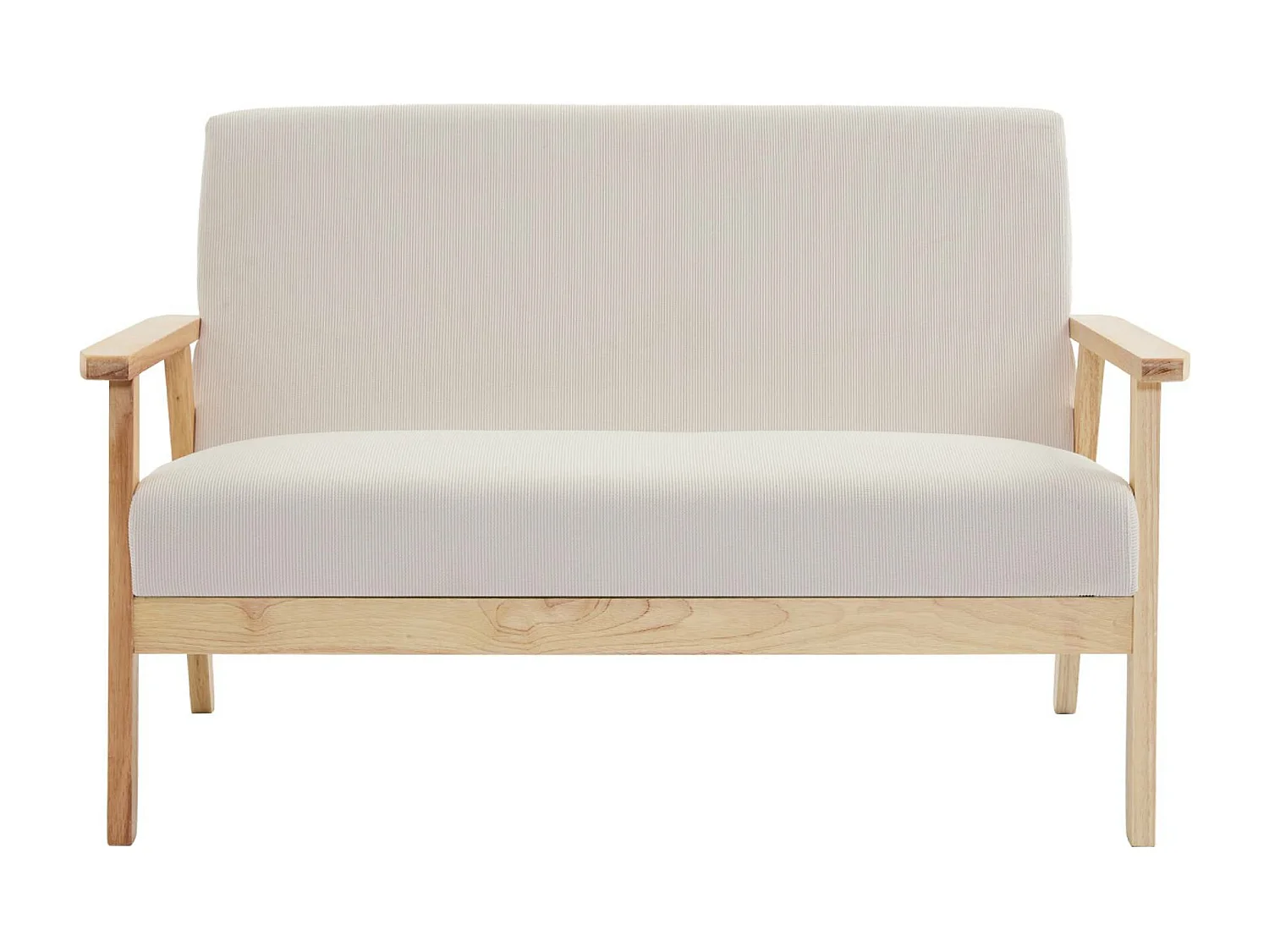 Canapé banquette 2 places + Fauteuil velours côtelé. pieds bois. crème