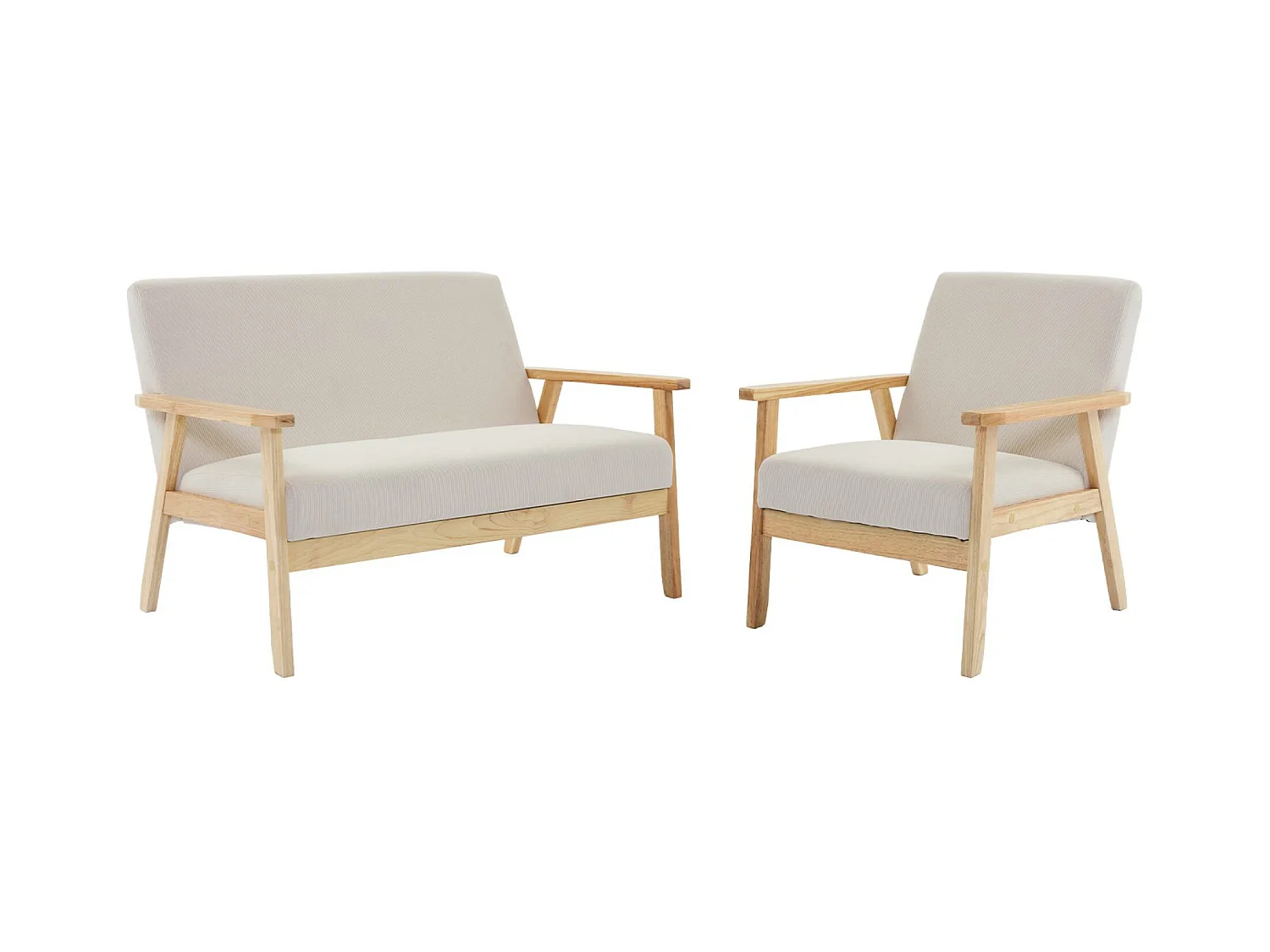 Canapé banquette 2 places + Fauteuil velours côtelé. pieds bois. crème