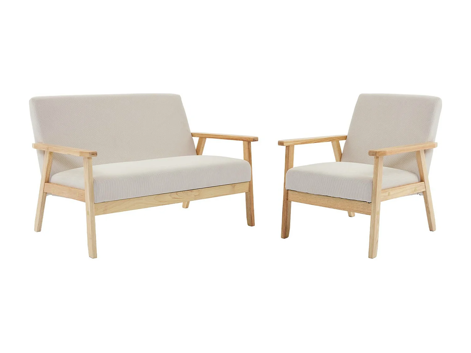 Canapé banquette 2 places + Fauteuil velours côtelé. pieds bois. crème