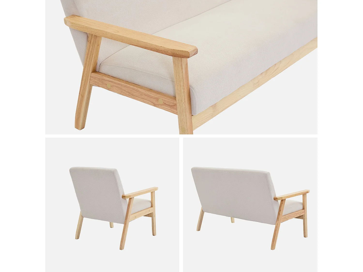 Canapé banquette 2 places + Fauteuil velours côtelé. pieds bois. crème