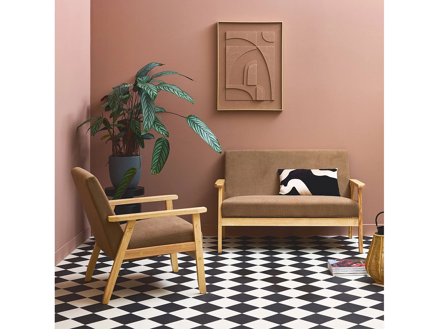 Canapé banquette 2 places + Fauteuil velours côtelé. pieds bois. taupe