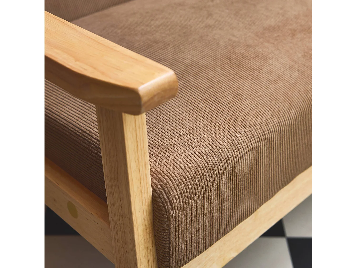 Canapé banquette 2 places + Fauteuil velours côtelé. pieds bois. taupe