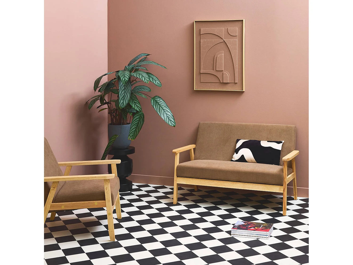 Canapé banquette 2 places + Fauteuil velours côtelé. pieds bois. taupe